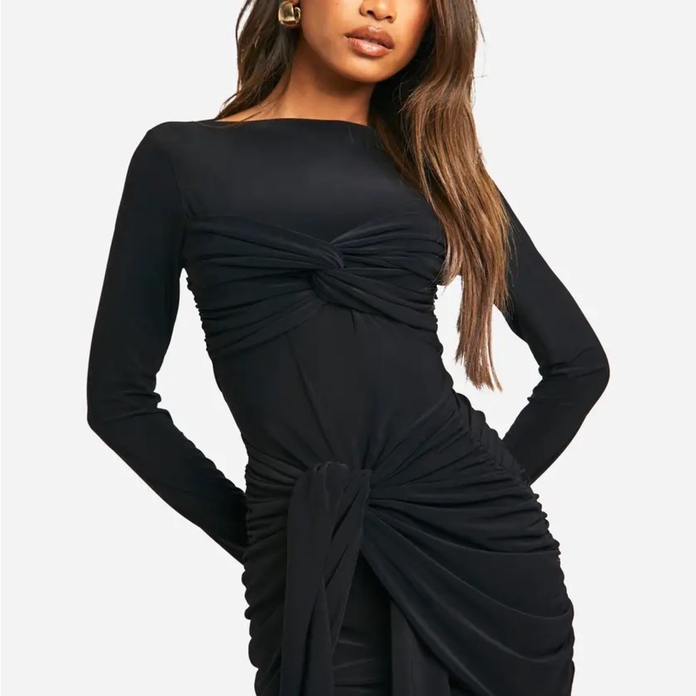 Boohoo Elegant Black Detailed Long Sleeve Dress